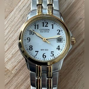 Citizen Eco-Drive Ladies Watch Two-Tone Bracelet White Dial Date Window